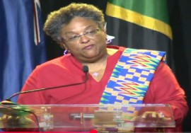 Barbados Prime Minister Mia Mottley addressing CARICOM leaders at their summit in Jamaica on Sunday night