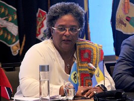 Prime Minister of Barbados and Chair of CARICOM, Mia Mottley, briefs the media at the end of the 48th Summit of CARICOM in Bridgetown, Barbados on Friday, February 21, 2025. (CMC photo)