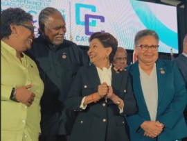 Caribbean Community leaders including Prime Minister Kamla Persad-Bissessar (second from right) and CARICOM Secretary General, Dr. Carla Barnett at the opening of the 51st CARICOM Summit on Sunday night (CMC Photo)