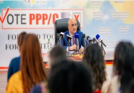 Vice President Bharrat Jagdeo speaking at news conference