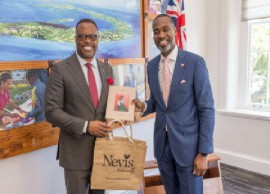 Premier David Burt (right) greets his Nevis counterpart, Mark Brantley on his arrival at the Cabinet Office for talks (Photo Department of Communiccations)