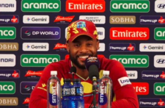 West Indies captain Shai Hope speaking at the post-match press conference in Mumbai on Monday. Photo: ICC