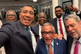 Prime Minister and CARICOM chairman, Andrew Holness and other CARICOM colleagues all smiles following a “successful caucus) that ended during the early hours of Tuesday (Photo Andrew Holness Facebook page)