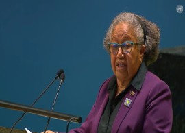 CARICOM Secretary General Dr. Carla Barnett addressing the the High-Level Segment of the Fourth Session of the Permanent Forum on People of African Descent on MOnday (CMC Photo)