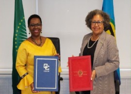 CARICOM Secretary-General, Dr. Carla Barnett (right), and the Deputy Chairperson (DCP) of the African Union (AU) Commission, Dr. Monique Nsanzabaganwa (left)
