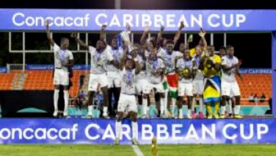  Cavalier team celebrates following the final match against  Cibao in the Concacaf Caribbean Cup, held at the Cibao stadium, in Santiago de los Caballeros, Dominica Republic. (PHOTO CONCACAF)