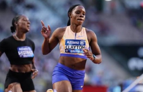 Tina Clayton of Jamaica celebrates after winning the women’s 100m title at the Wanda Diamond League Final