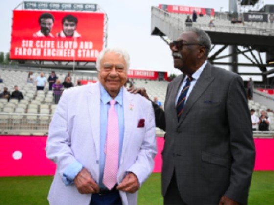 Farokh Engineer (left) and Sir Clive Lloyd share a moment in front of the newly re-named stand. Photo: CWI Media