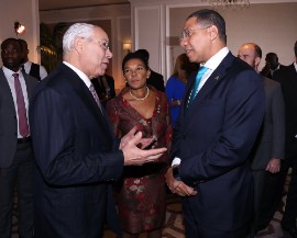 From left: Late former US Secretary of State Colin Powell, Jamaica's Ambassador to the United States Audrey Marks, and Prime Minister of Jamaica Andrew Holness.