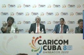 Barbados Prime Minister Mia Mottley, Cuban President, Miquel Diaz-Canel , Suriname President Chandrikapersad “Chan” Santokhi and CARICOM Secretary General Dr. Carla Barnett at news conference (CMC Photo)