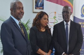 From left to right – Chief Medical Officer (CMO), Dr. Kenneth George; Executive Director of CARPHA, Dr. Lisa Indar; and Permanent Secretary in the Ministry of Health and Wellness, Wayne Marshall, speaking to the media during a briefing on CARPHA’s upcoming 69th Annual Health Research Conference. (BGIS photo)