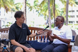 Minister Cooper (right) conducts a podcast with host, David Gee, (left) Content Director for Boating Industry, publishers of the largest trade magazines. (Courtesy of the MOTIA)