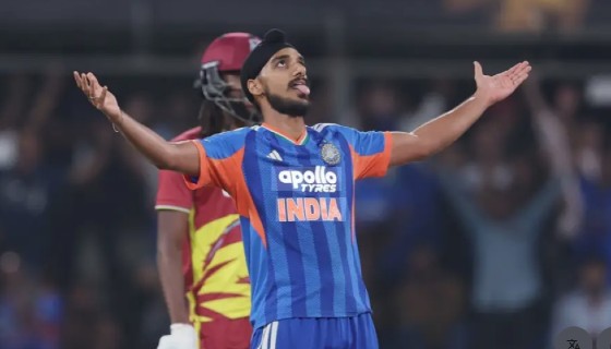 Arshdeep Singh celebrating one of his three wickets against the West Indies in the third T20I