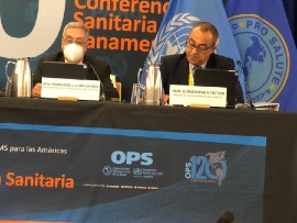Minister of Health and Wellness Dr. Christopher Tufton (right) participates in the 30th Pan American Sanitary Conference. At left is Guatemala’s Minister of Public Health and Social Welfare Francisco Coma Martin.