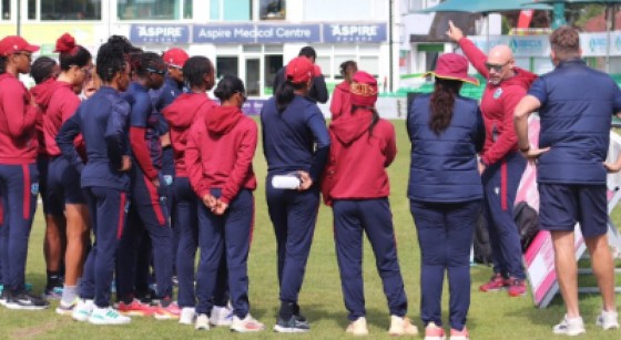 West Indies Women’s head coach, Shane Deitz (second right) during a training session with players. (Photo courtesy CWI Media)