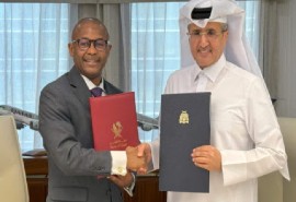 Minister of Tourism and International Transport, Ian Gooding-Edghill (left) and President of the Qatar Civil Aviation Authority, Mohamed Faleh Alhajri, shake hands following the signing of an air services agreement between Barbados and Qatar