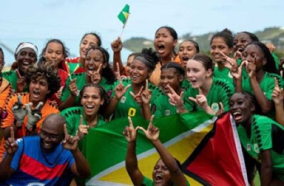 Guyana’s Under-20 Women’s team celebrate after defeating Haiti 1-0 in the Concacaf Women’s Qualifiers With the win, Guyana leapfrogged Haiti to finish in first position in Group A on seven points with Haiti second on six points.