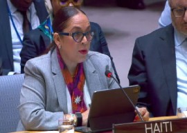 Haiti’s Foreign Affairs Minister, Raina Forbin, addressing the UN Security Council on Monday.