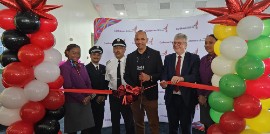 French Ambassador to Trinidad & Tobago, His Excellency Didier Chabert and CEO, Garvin Medera alongside Caribbean Airlines BW 288 crew, Captain Rene Seow and Captain Richard Jacelon at the launch of service to Guadeloupe from Piarco International Airport.