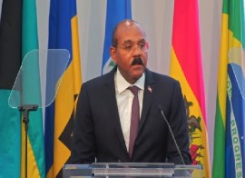 Prime Minister Gaston Browne addressing the PAHO/WHO forum on mental health in the Americas (CMC Photo)