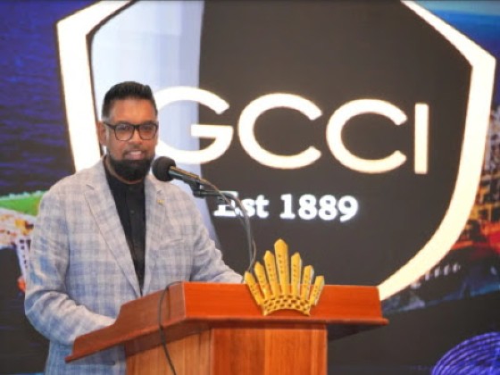 President Irfaan Ali addressing the Georgetown Chamber of Commerce and Industry (GCCI) breakfast forum on “Energy Insights” on Thursday (CMC Photo)