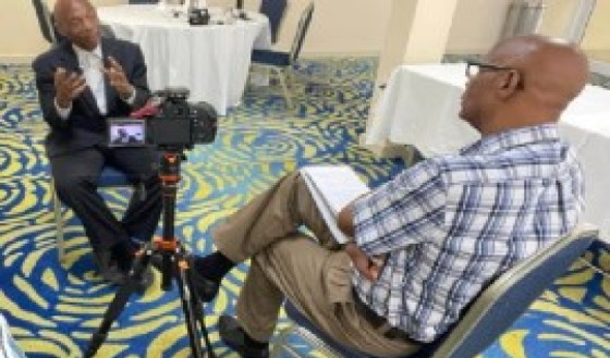 St. Lucia-born economist Dr. Hyginus ‘Gene’ Leon, during the interview with CMC editor, Peter Richards (CMC Photo)