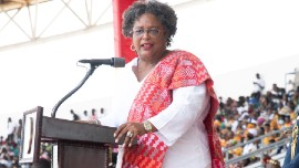 Prime Minister Mia Amor Mottley addressing Ghana’s 65th Independence Anniversary celebrations at the Cape Coast Stadium on Sunday. (PMO)