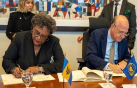 Barbados’ Prime Minister Mia Amor Mottley and President of the Inter-American Development Bank, Ilan Goldfajn, signing the agreement which will see US$80 million invested in the modernisation of Barbados’ water infrastructure. (GP)