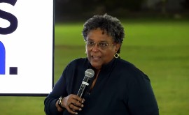 Prime Minister Mia Mottley at Monday night’s Ideas Forum town hall meeting.