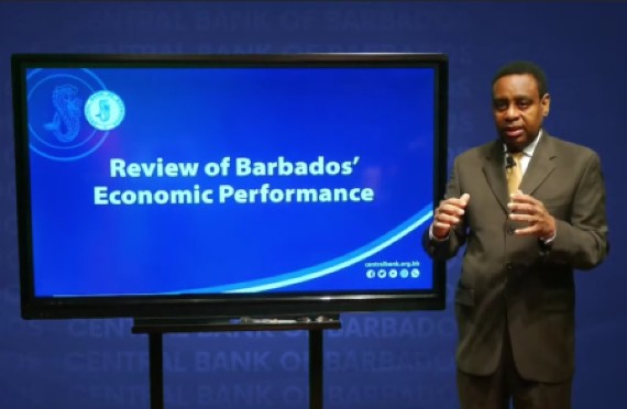 Central Bank Governor Cleviston Haynes delivering his economic review of the first quarter of 2021.