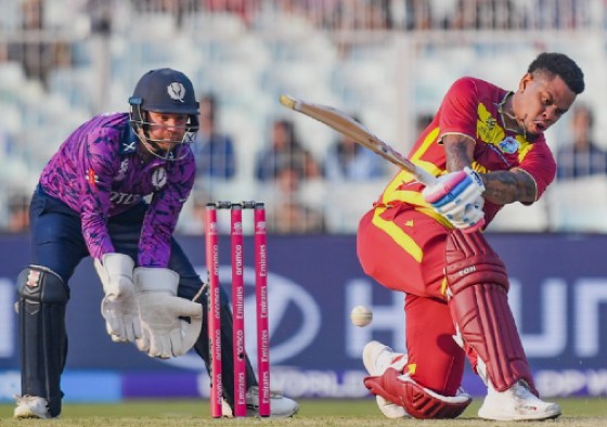 Shimron Hetmyer on the go during his record-breaking half century against Scotland