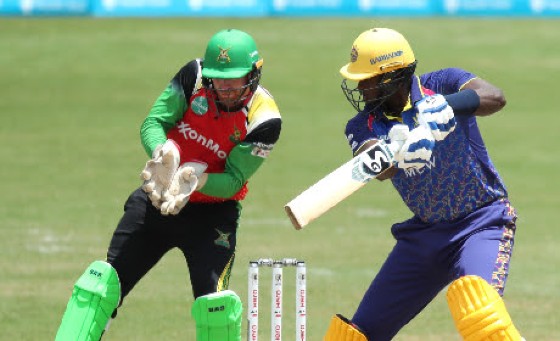 Jason Holder plays through the off side during his unbeaten 40 against Guyana Amazon Warriors. (Photo courtesy Getty/CPL)