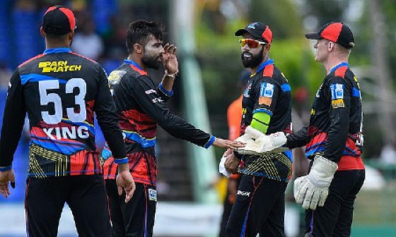 Imad Wasim (second left) celebrating one of his three wickets against the St Kitts and Nevis Patriots.
