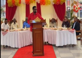 President Irfaan Ali addressing a Police Officers’ breakfast at the Officers’ Mess, Eve Leary (CMC Photo)
