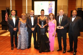 His Excellency Major General (Ret’d) Antony Anderson (third from left), the Jamaican Ambassador to the United States, shares a light moment with from left President of the Integrity Children’s Fund Major (Ret’d) Karl Chambers, Mrs Marcia Chambers, 2025 honourees Executive Director of International Affairs at Atlanta Hartsfield Jackson Atlanta International Airport Mrs. Alrene Richards Barr, Dr Sharon Harley, Jamaica’s Consul General in Miami Mr. Oliver Mair, and Vice President of the Integrity Children’s Fund Dr Christopher Parker. The occasion was the Integrity Children’s Fund Gala on June 21 at the Atlanta Marriott Marquis. (Photo by Derrick Scott)
