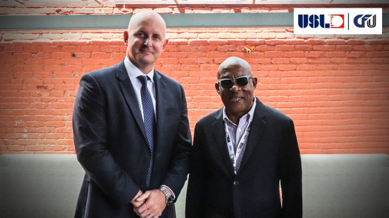 USL President Jake Edwards and Caribbean Football Union President Randolph Harris at the USL Mid-Year Meetings in July, held in Louisville, Ky. (Photo courtesy Clay Benjamin /United Soccer League)