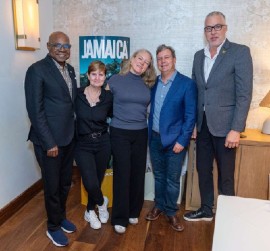 Pictured: Minister of Tourism, Edmund Bartlett (L) pauses for a photo opportunity with (L-R) Justine Henzell, Laura Henzell, Jason Henzell and Philip Rose, Deputy Director of Tourism, The Americas, following a successful media briefing in New York on Thursday October 9, 2025.