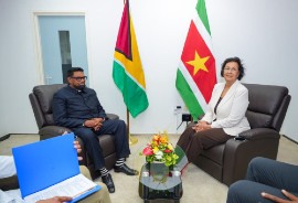 Presidents Irfaan Ali of Guyana and Jennifer Geerlings-Simons of Suriname during their talks.
