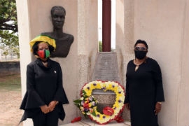 Professor Verene Shepherd, Council Member of the National Council on Reparationsstands solemnly with the Hon. Olivia Grange, Minister of Culture, Gender, Entertainment and Sport at the shrine of the Rt. Excellent Samuel Sharpe, National Hero during a gathering to commemorate the 188th Anniversary of his death,following his involvement in the 1831 Christmas Rebellion in Jamaica.The event was held on, Saturday, May 23 at the National Heroes Park in Kingston.