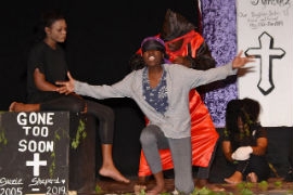 Students of the Decarteret College in Manchester perform their dramatic piece ''MiNuh Si MiNuh Hear''