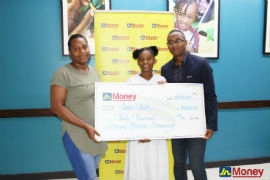 Seeri Palker (centre) first form student of Marymount High School poses with Horace Hines (right) general manager, JN Money Services and her mother Sashauna Smith after receiving an educational grant from the remittance company recently. Seeri was one of several students who were awarded a grant for her outstanding educational performance.