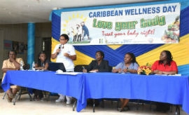 Acting Parish Dental Auxiliary Coordinator, Faith McDonald-Bicknell makes a presentation.The other members of the panel are: (left to right): Public Health Nurse at the Manchester Health Department (MHD), Grace Robinson; Senior Health Education Officer at the Ministry of Health and Wellness, Charmaine Plummer; Nutritionist at the MHD, Alice Carney; Targeted Intervention Officer at the MHD, Judene Miller and Mental Health Nurse from the MHD, Nicola Williams.