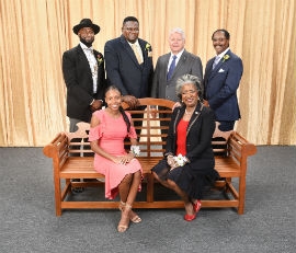 The 2019 African-American Achievers (L to R): Standing: Webber J. Charles, Education Honoree; Addonis Parker, Arts & Culture Honoree; Colin Brown, chairman, JM Family Enterprises; James Thomas, Business & Entrepreneurism Honoree; Seated: Lanaria Johnson, Youth Achiever; Jasmin D. Shirley, Community Service Honoree.