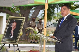 The Most Honourable Andrew Holness, Prime Ministergives his reflections on the life of the Most Honourable Edward Seaga, former Prime Minister of Jamaica,during a floral tribute to commemorate the 90TH Anniversary of his birth,on Thursday, May 28 at the National Heroes Park in Kingston.