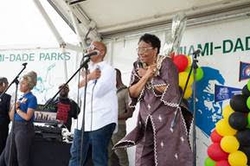 Commissioner Jordan and Miami Gardens Mayor Oliver Gilbert greet the crowd as they kick off the 6th Annual Black Heritage Festival. (Photos by Armando Rodriguez/ Miami-Dade County)