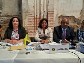 KINGSTON, Jamaica;Tourism Minister, Hon. Edmund Bartlett (right) joins colleague Kerry Chambers, Senior Director of Policy and Monitoring and Johnelle Causwell Vice-Chair of the Charlotte International Cabinet for a photograph following the announcement that Jamaica was selected to Chair the Regional Commission for the Americas (CAM). The elections for the Chairmanship of CAM were held during the organization’s 64th Meeting in Guatemala on May 16, 2019.  