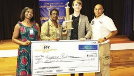 Left to right, Lynore Dyer Executive Producer, Teen Sensation Live Singing Talent Competition; Hazelle Roger, Mayor City of Lauderdale Lakes, Andrew Robichaud, 2019 Teen Sensation Live Singing Talent Competition Winner and Mario Zamora, President, Greater Caribbean American Cultural Coalition 