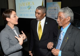 Leon Mitchell (centre), Assistant Manager The Jamaica National Group, listens as Senator Kamina Johnson-Smith (left) Minister of Foreign Affairs and Foreign Trade makes a point at the launch of the Diaspora Conference, recently. Also participating in the discussion was Professor Neville Ying, Chair of the Jamaica Diaspora Conference Programme and Sub-Committee, Pro Chancellor, The Mico University. The conference, which will be held under theme ‘Jamaica and the Diaspora: Building Pathways for Sustainable Development’, is scheduled for the Jamaica Conference Centre, downtown Kingston, from June 16 to 20.