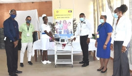 The service delivery at the Percy Junor Hospital (PJH) in North-East Manchester has been boosted with the donation of an ECG machine and defibrillator valued at $1.6 million, donated by the hospital’s 70th anniversary committee. Participating in the handing over of the donation on Wednesday, May 27 were: (left to right) CEO for the PJH, Carlton Nichols, PJH Senior Medical Officer, Dr. Carlos Wilson, Nurse Ward Manger for the A&E department, Michelle Hales-Thompson, Regional Director for the Southern Regional Health Authority, Michael Bent, Director of Nursing Services at the PJH, Jacqueline Pennicook and Parish Manager for the Manchester Health Services, Sandia Chambers-Ferguson. 
