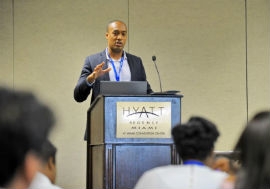 Sanovnik Destang, Executive Director of Bay Gardens Resorts, addresses delegates at the Caribbean Hospitality Industry Exchange Forum (CHIEF) in Miami last month.